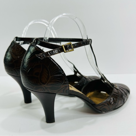 ANTONIO MELANI BROWN LEATHER EMBOSSED SIZE 8.5 GREAT COND 3โ STRAPPY HEELS - Picture 6 of 9
